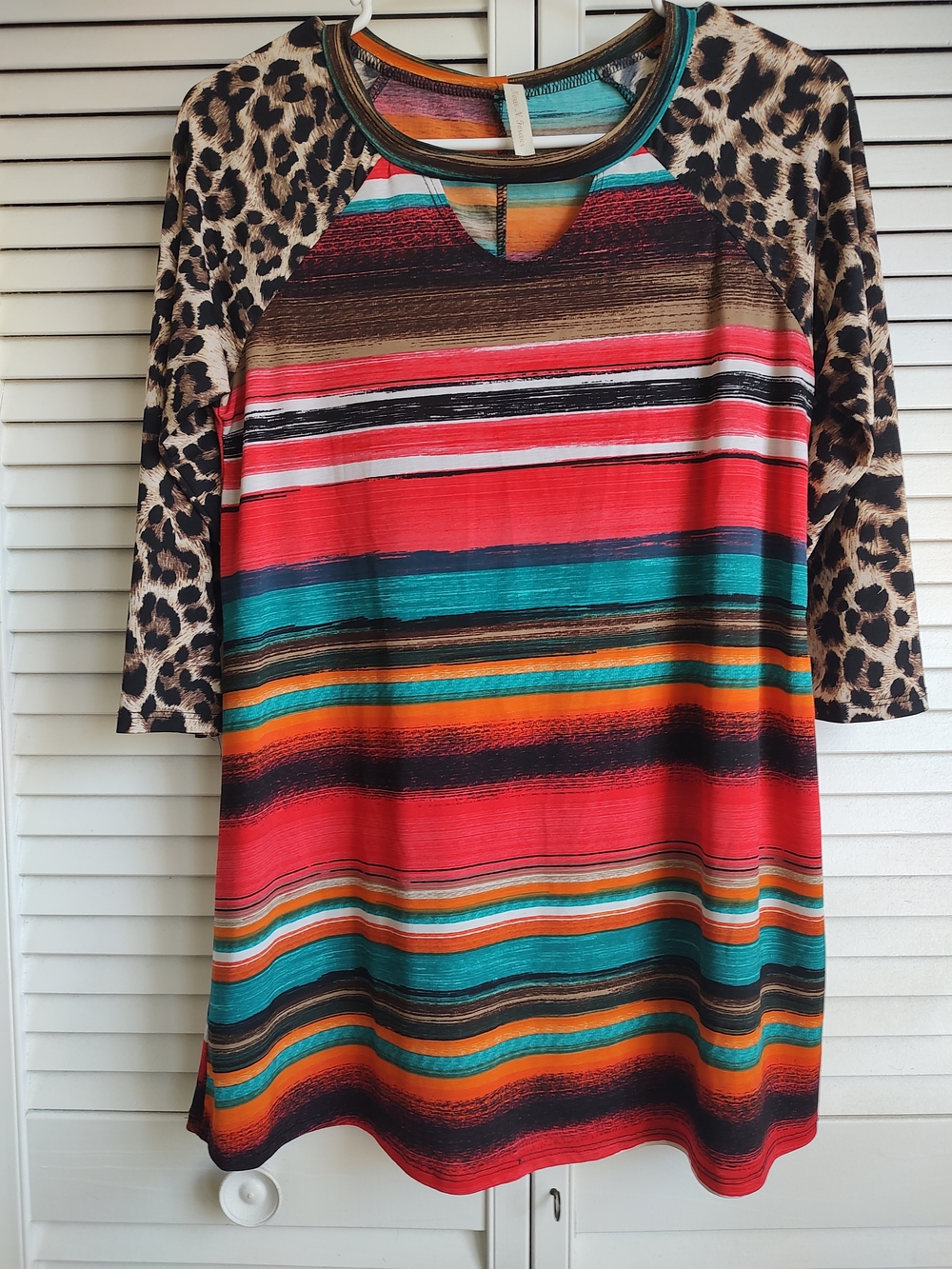 Leopard Sleeve Striped Tunic Top - Red Multi